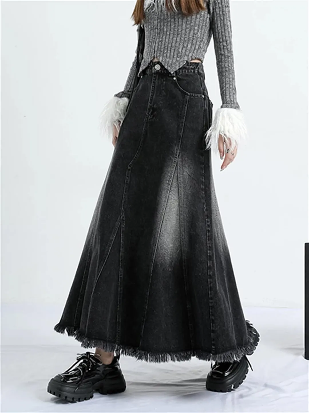 Women's Irregular Splicing Elastic High Waisted Jeans Skirts with Pockets Distressed Washed Denim Skirts