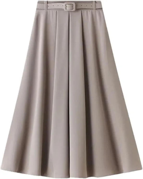 Women's Korean Style Spring High Waist A - Line Midi Skirt with Belt Elegant Long Skirt for Women