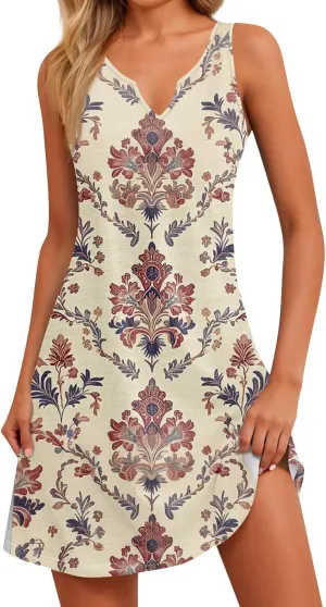 Women's Lightweight Sleeveless 2025 Dress Elegant V-Neck Casual Floral Print Dressy A-Line Sundress Beach Slim Dresses