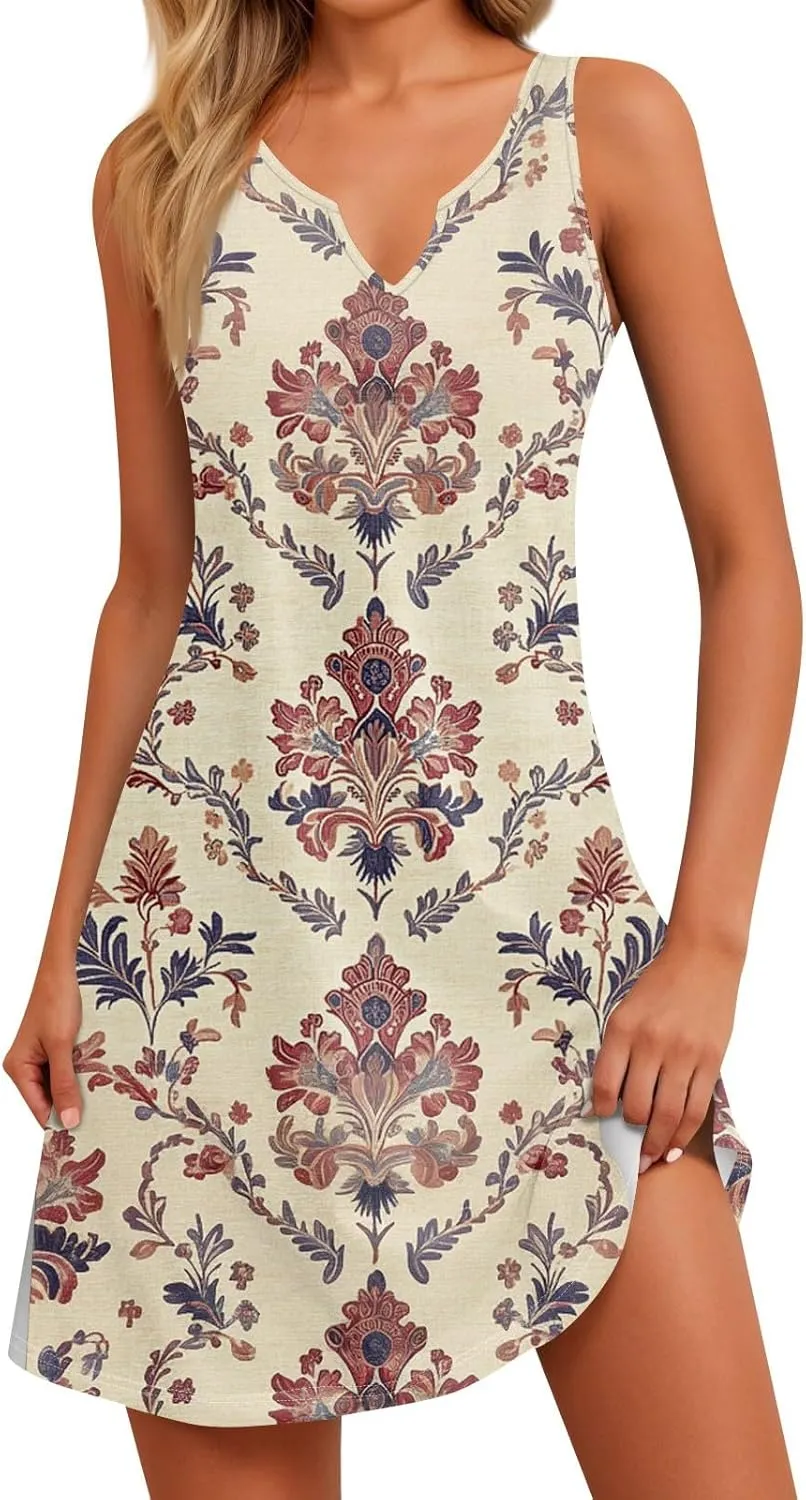 Women's Lightweight Sleeveless 2025 Dress Elegant V-Neck Casual Floral Print Dressy A-Line Sundress Beach Slim Dresses