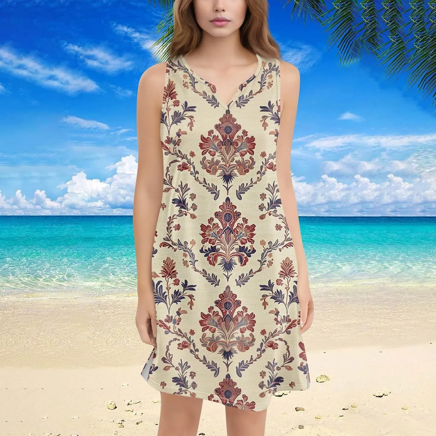 Women's Lightweight Sleeveless 2025 Dress Elegant V-Neck Casual Floral Print Dressy A-Line Sundress Beach Slim Dresses
