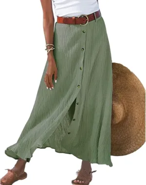 Womens Linen Button Down High Waist A Line Long Skirt Flowy Lightweight Slit Beach Maxi Skirt