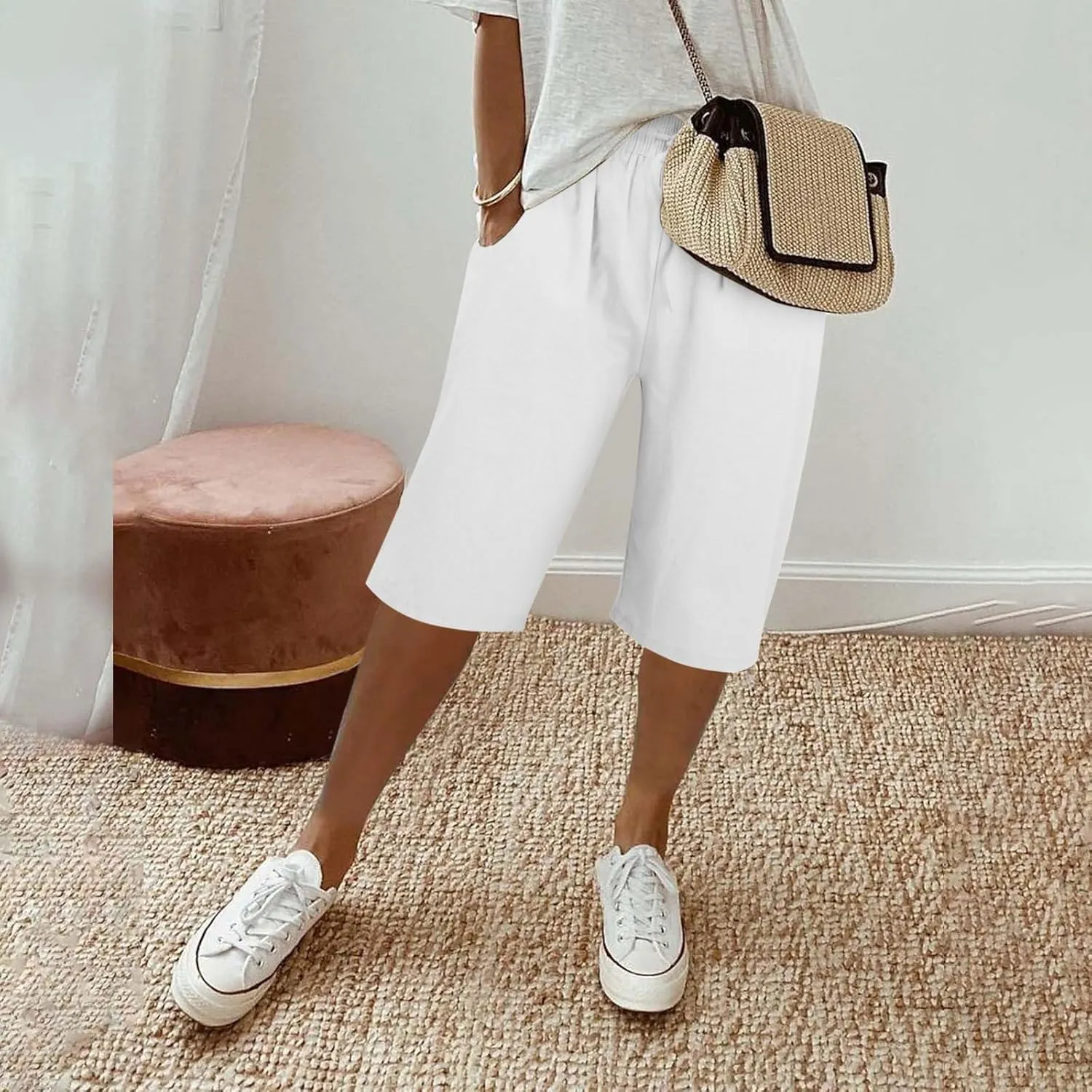 Women's Linen Pants Wide Leg Work Dress Pants Drawstring Casual Solid Color Shorts Cotton Linen Pants Casual 2025