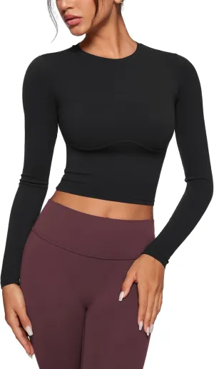 Womens Long Sleeve High Round Neck Crop Yoga Shirts Workout Slim Fit Casual Yoga Gym Tops
