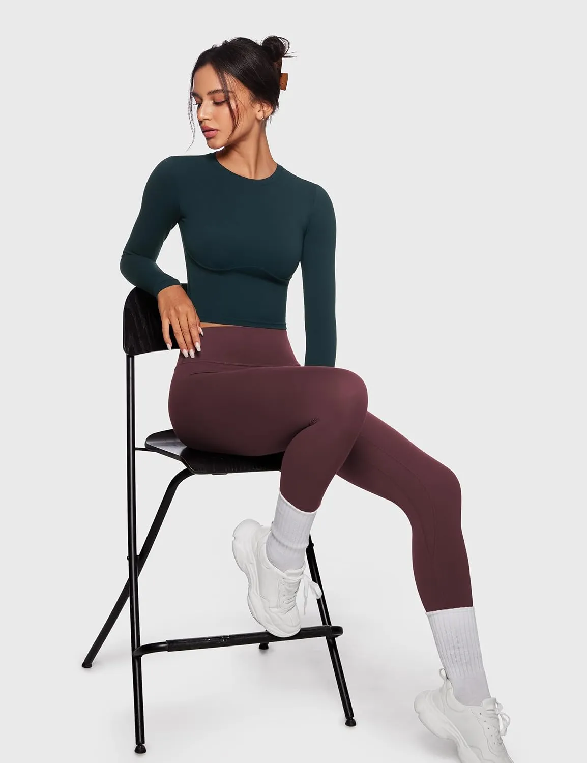 Womens Long Sleeve High Round Neck Crop Yoga Shirts Workout Slim Fit Casual Yoga Gym Tops