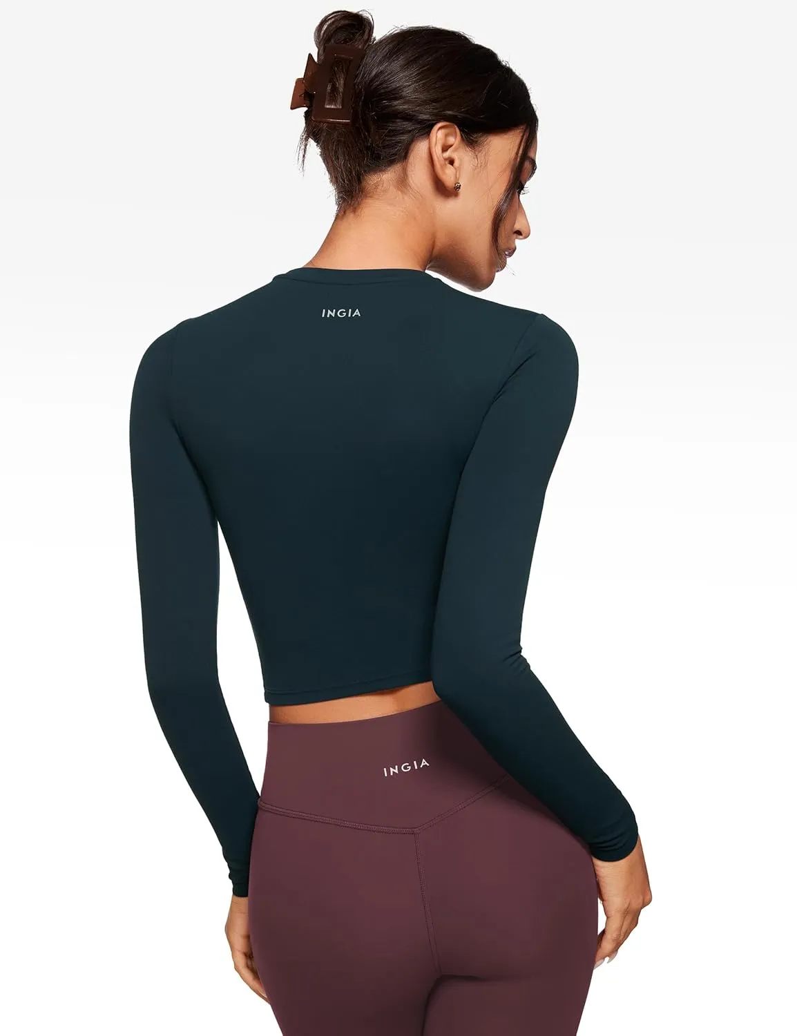 Womens Long Sleeve High Round Neck Crop Yoga Shirts Workout Slim Fit Casual Yoga Gym Tops