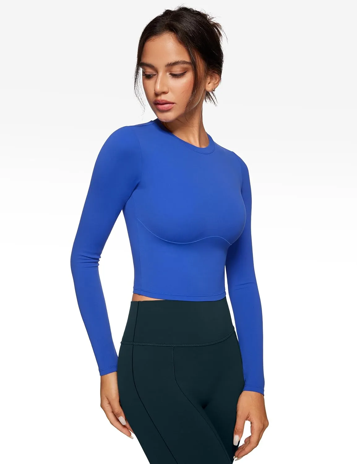 Womens Long Sleeve High Round Neck Crop Yoga Shirts Workout Slim Fit Casual Yoga Gym Tops