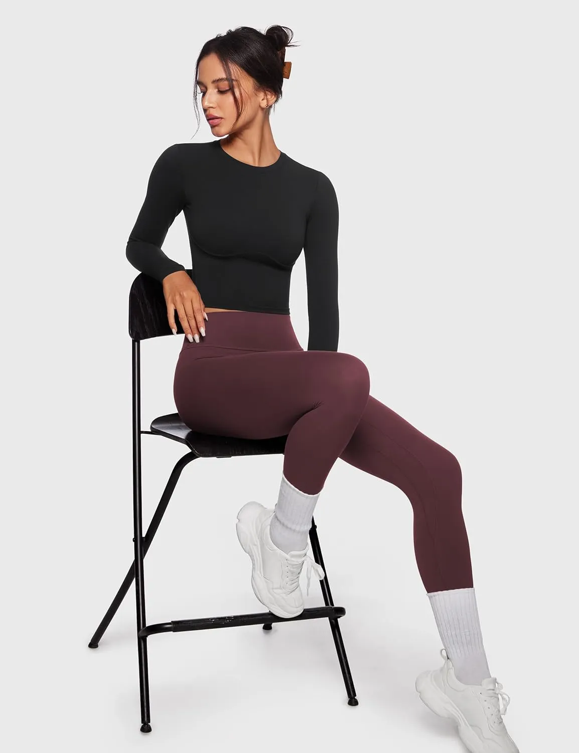 Womens Long Sleeve High Round Neck Crop Yoga Shirts Workout Slim Fit Casual Yoga Gym Tops