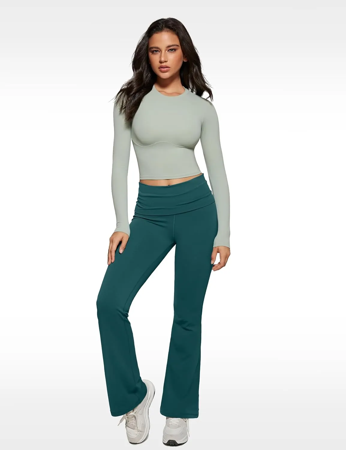 Womens Long Sleeve High Round Neck Crop Yoga Shirts Workout Slim Fit Casual Yoga Gym Tops