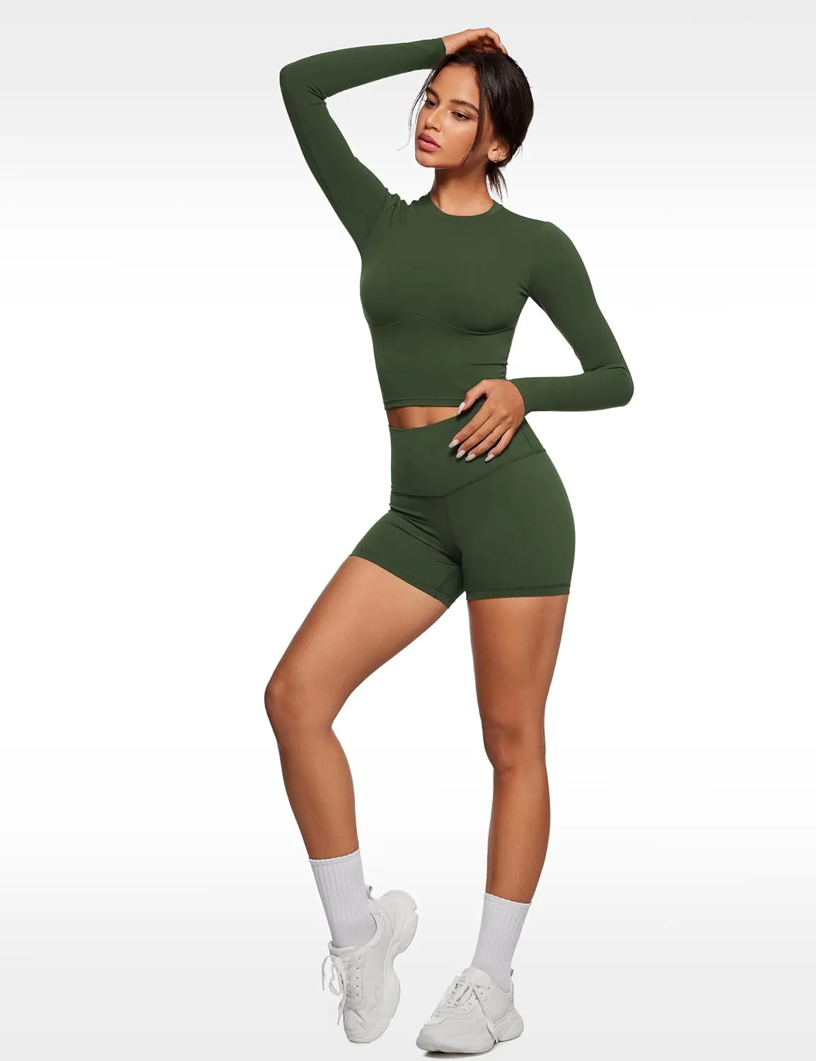 Womens Long Sleeve High Round Neck Crop Yoga Shirts Workout Slim Fit Casual Yoga Gym Tops