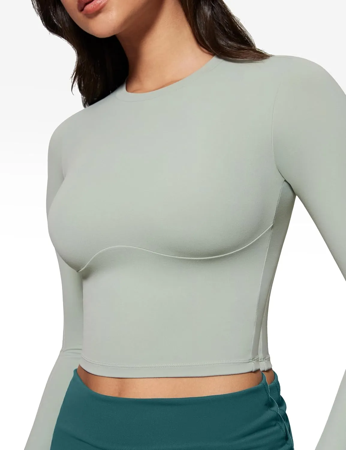 Womens Long Sleeve High Round Neck Crop Yoga Shirts Workout Slim Fit Casual Yoga Gym Tops