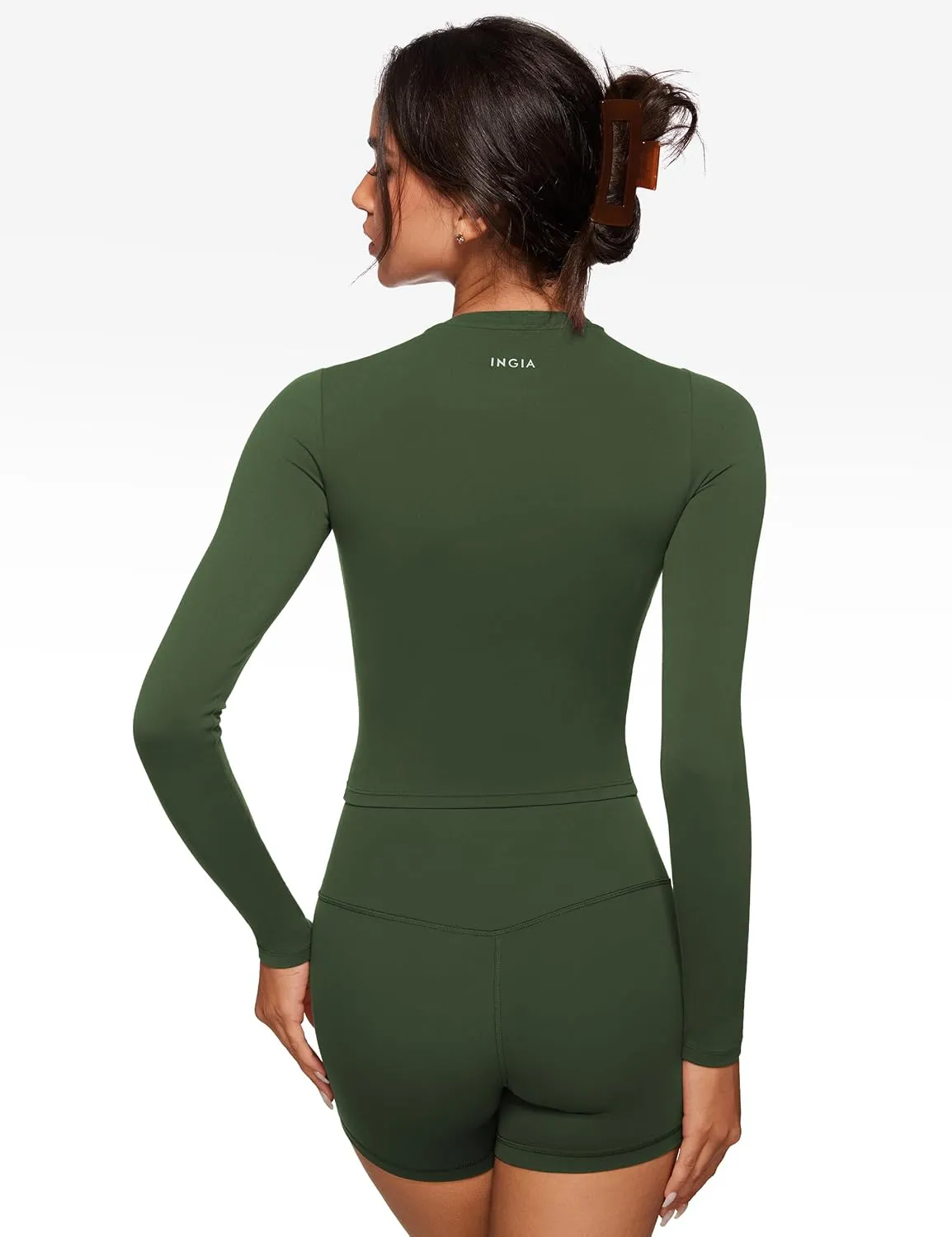 Womens Long Sleeve High Round Neck Crop Yoga Shirts Workout Slim Fit Casual Yoga Gym Tops