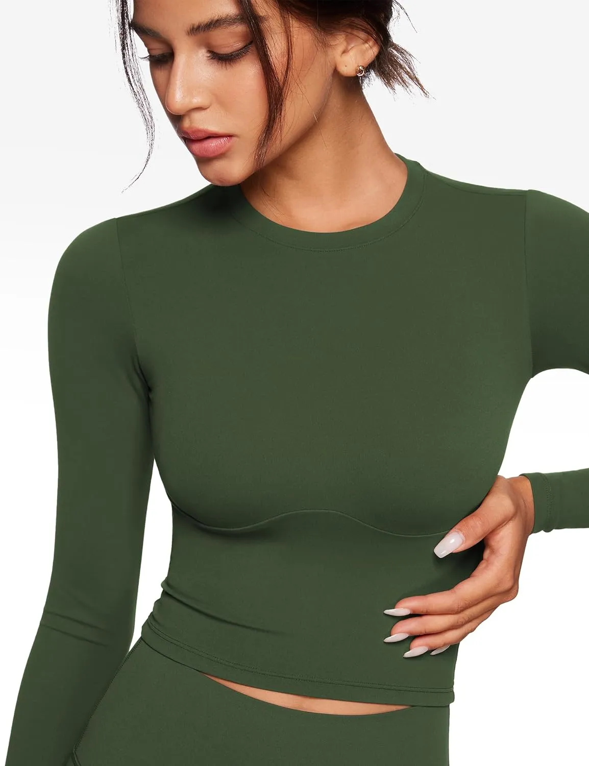 Womens Long Sleeve High Round Neck Crop Yoga Shirts Workout Slim Fit Casual Yoga Gym Tops