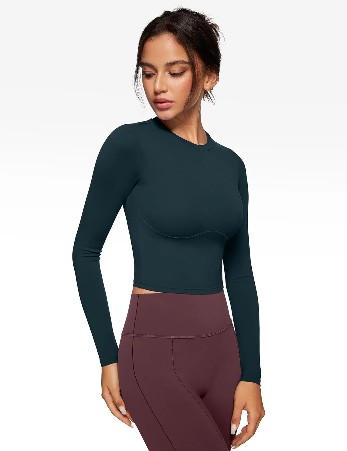 Womens Long Sleeve High Round Neck Crop Yoga Shirts Workout Slim Fit Casual Yoga Gym Tops