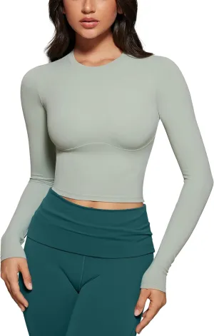 Womens Long Sleeve High Round Neck Crop Yoga Shirts Workout Slim Fit Casual Yoga Gym Tops
