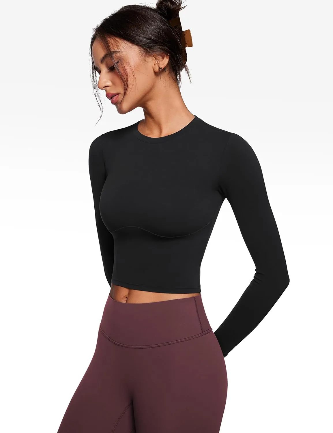 Womens Long Sleeve High Round Neck Crop Yoga Shirts Workout Slim Fit Casual Yoga Gym Tops