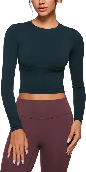 Womens Long Sleeve High Round Neck Crop Yoga Shirts Workout Slim Fit Casual Yoga Gym Tops