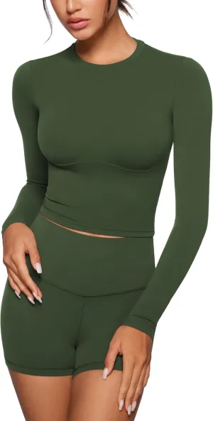 Womens Long Sleeve High Round Neck Crop Yoga Shirts Workout Slim Fit Casual Yoga Gym Tops