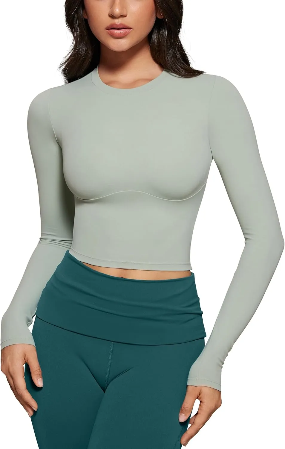 Womens Long Sleeve High Round Neck Crop Yoga Shirts Workout Slim Fit Casual Yoga Gym Tops