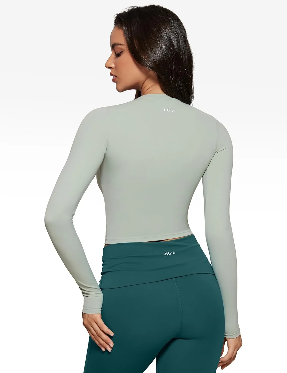 Womens Long Sleeve High Round Neck Crop Yoga Shirts Workout Slim Fit Casual Yoga Gym Tops