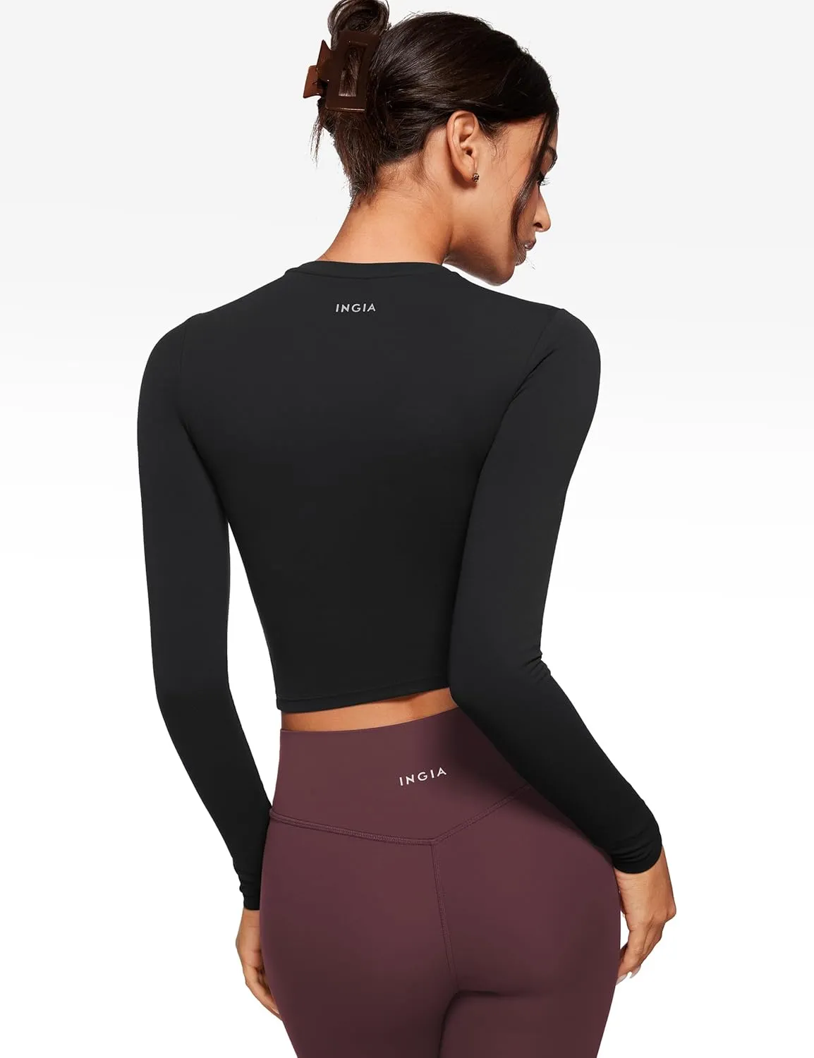 Womens Long Sleeve High Round Neck Crop Yoga Shirts Workout Slim Fit Casual Yoga Gym Tops