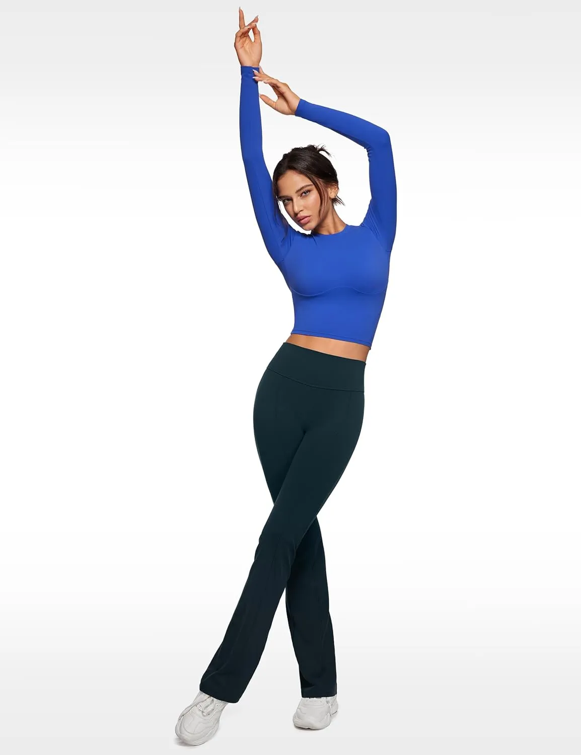 Womens Long Sleeve High Round Neck Crop Yoga Shirts Workout Slim Fit Casual Yoga Gym Tops
