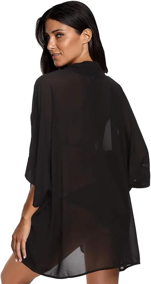 Women's Loose Print Sheer Chiffon Kimono Beach Swim Cover up Cardigan Capes Blouse Tops