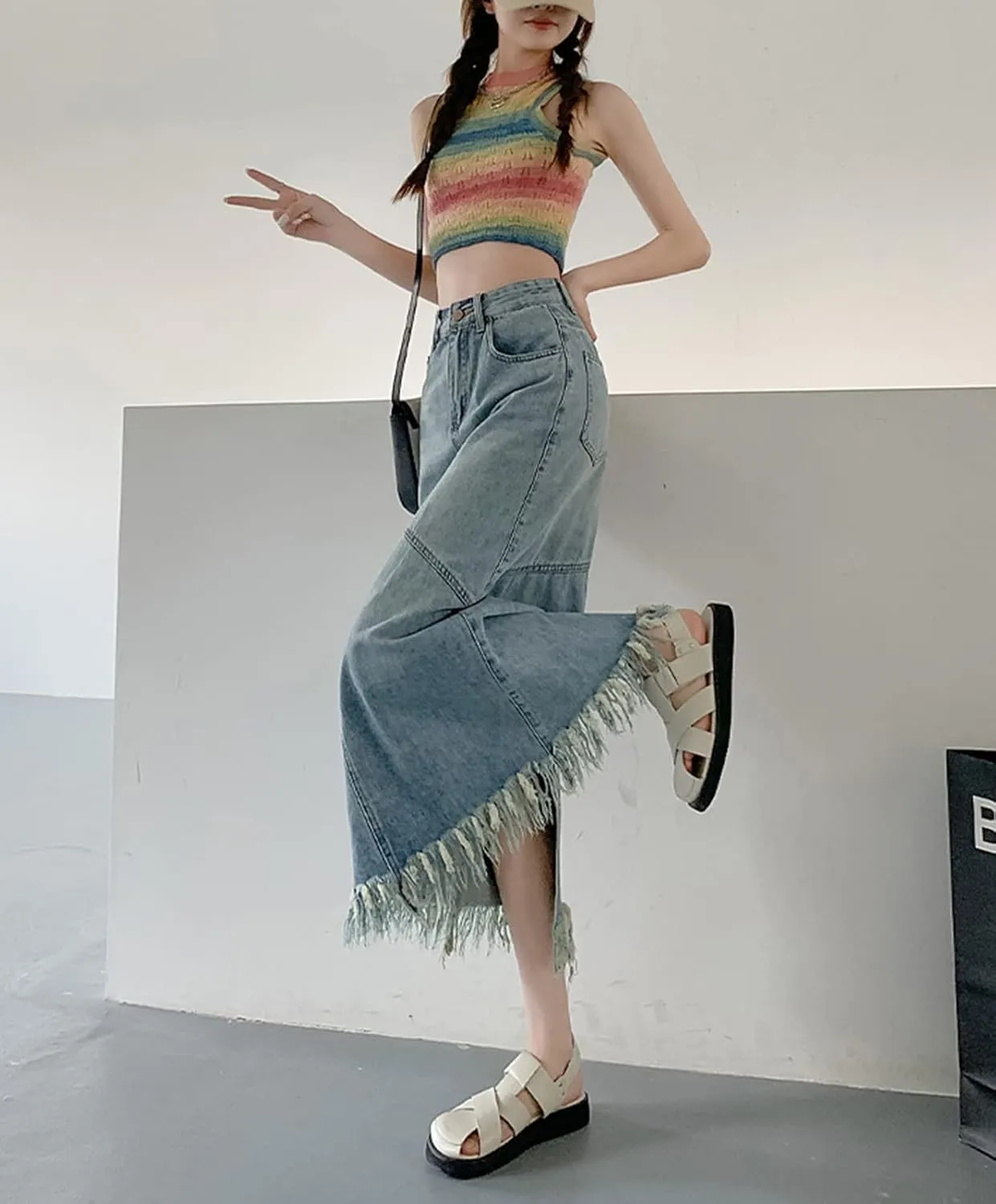 Womens Maxi Denim Skirt High Waisted Tassel Raw Hem Back Slit A Line Long Jean Skirt