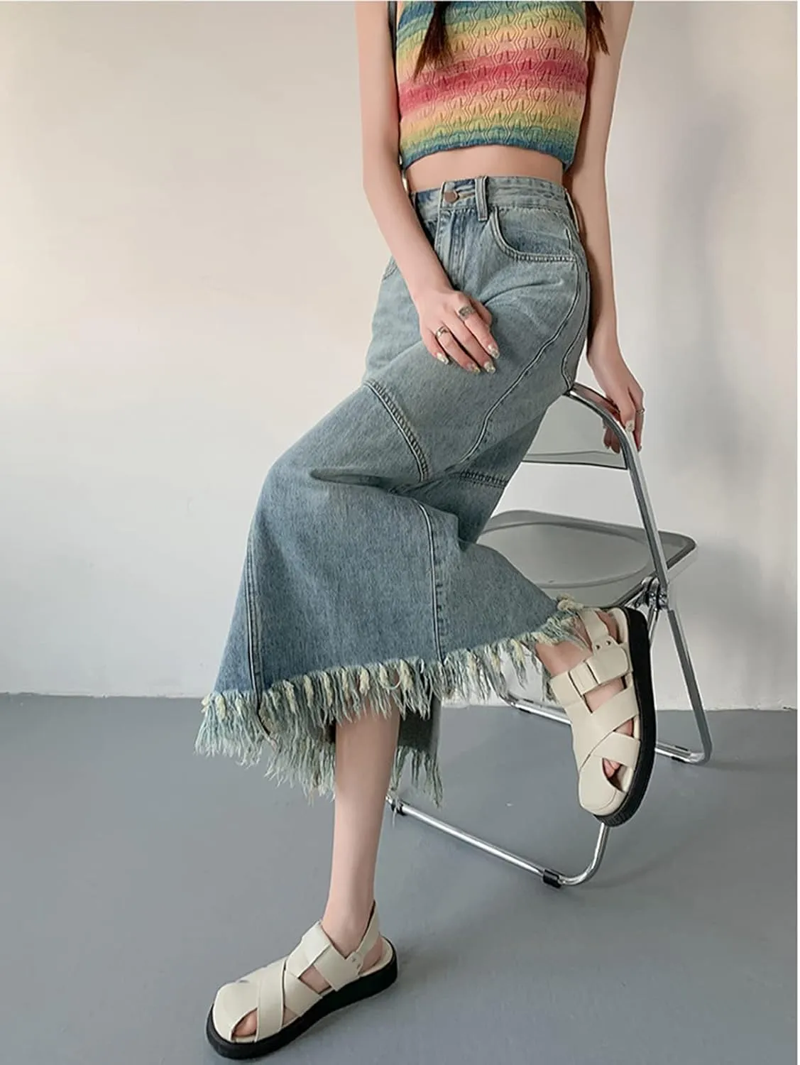 Womens Maxi Denim Skirt High Waisted Tassel Raw Hem Back Slit A Line Long Jean Skirt