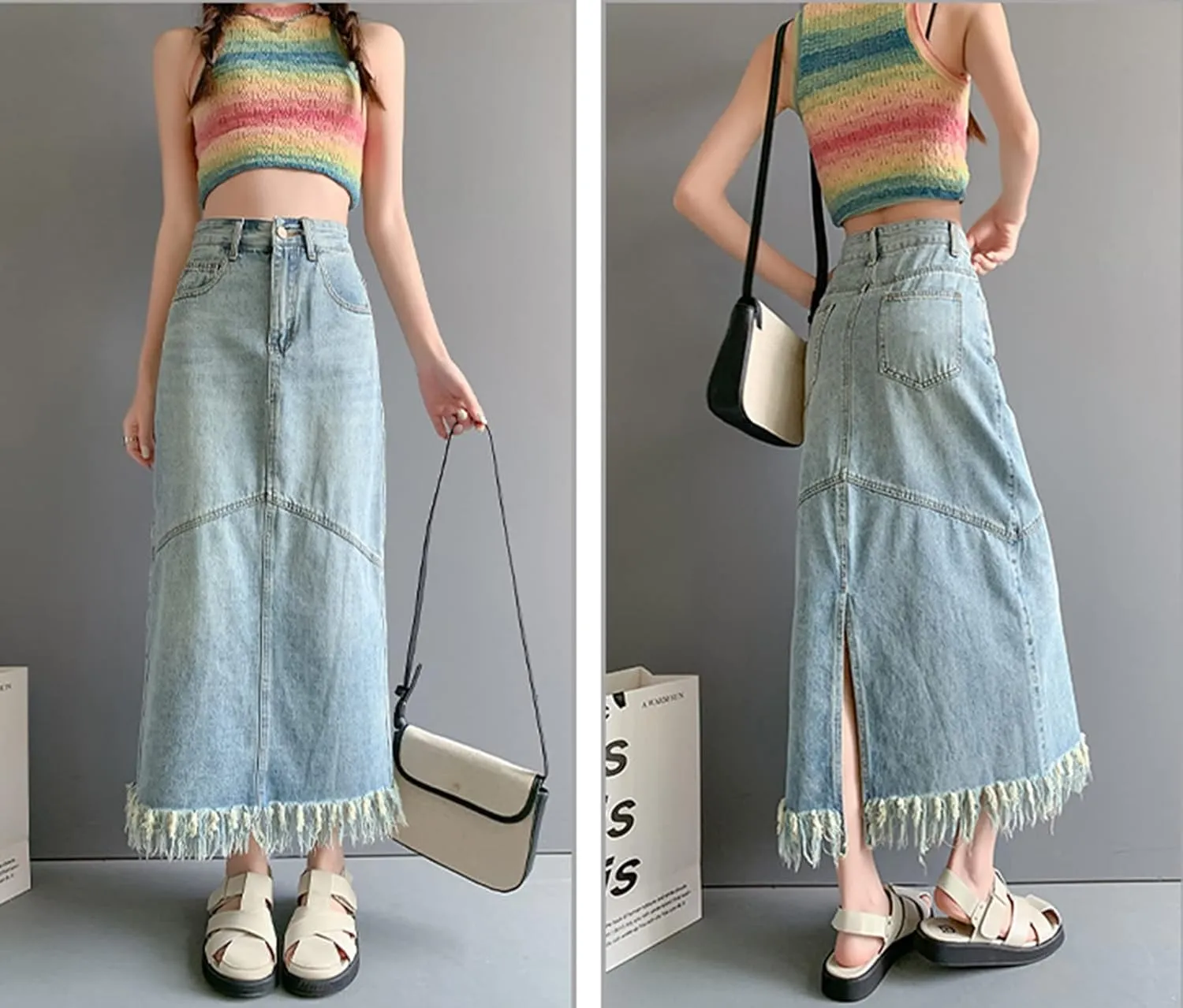 Womens Maxi Denim Skirt High Waisted Tassel Raw Hem Back Slit A Line Long Jean Skirt