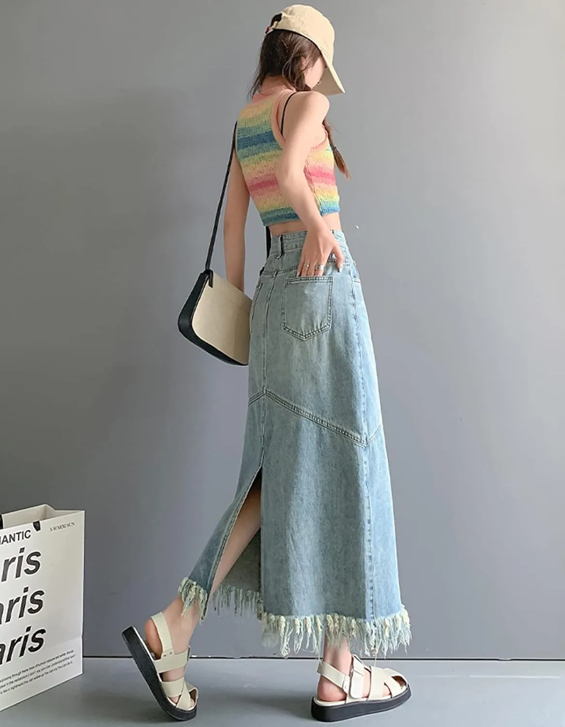 Womens Maxi Denim Skirt High Waisted Tassel Raw Hem Back Slit A Line Long Jean Skirt