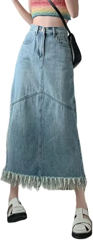 Womens Maxi Denim Skirt High Waisted Tassel Raw Hem Back Slit A Line Long Jean Skirt