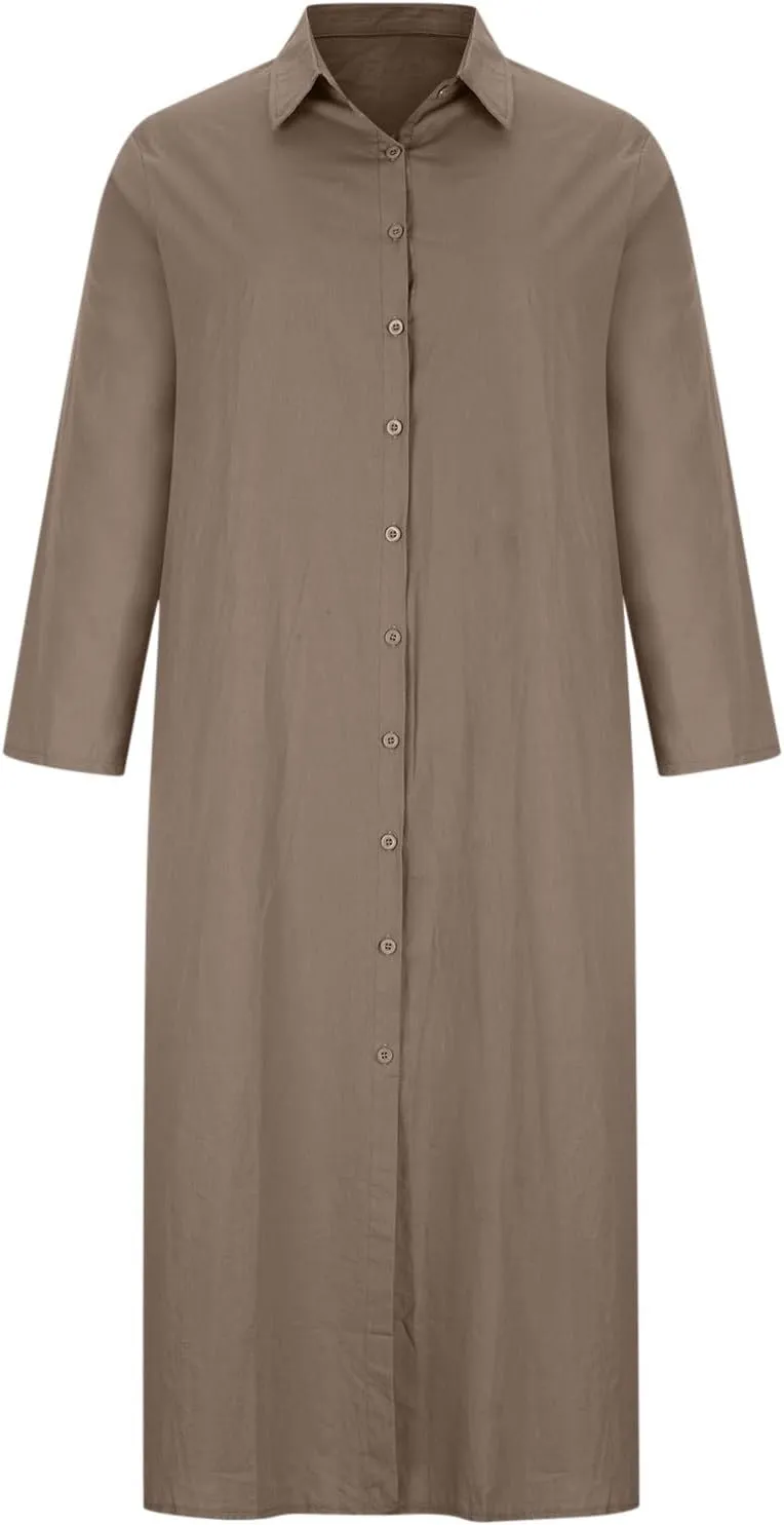 Women's Maxi Dress Fall Casual 2024 V-Neck Button Down a Line Lapels Shirt Dress Pleated Plus Size Flowy Long Dresses