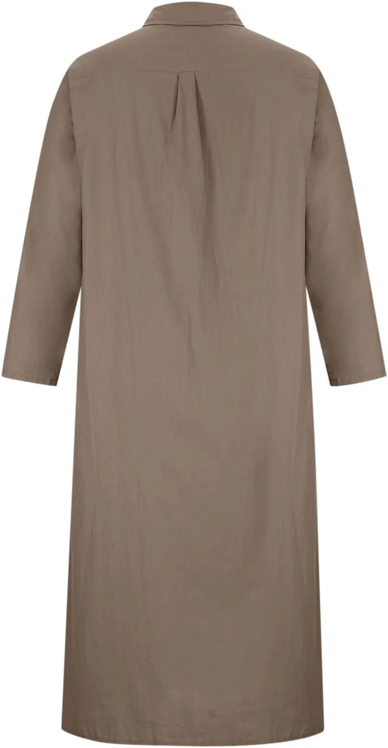 Women's Maxi Dress Fall Casual 2024 V-Neck Button Down a Line Lapels Shirt Dress Pleated Plus Size Flowy Long Dresses