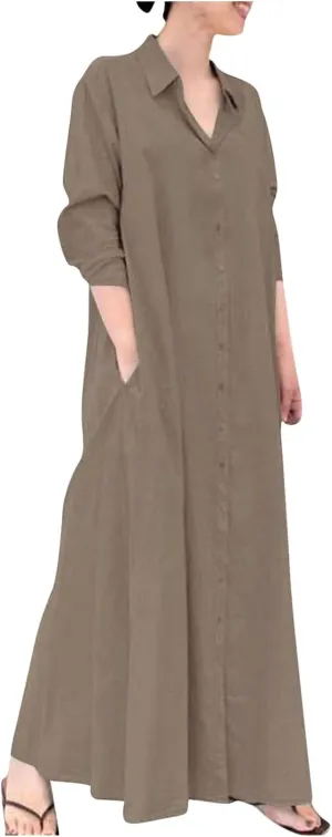 Women's Maxi Dress Fall Casual 2024 V-Neck Button Down a Line Lapels Shirt Dress Pleated Plus Size Flowy Long Dresses