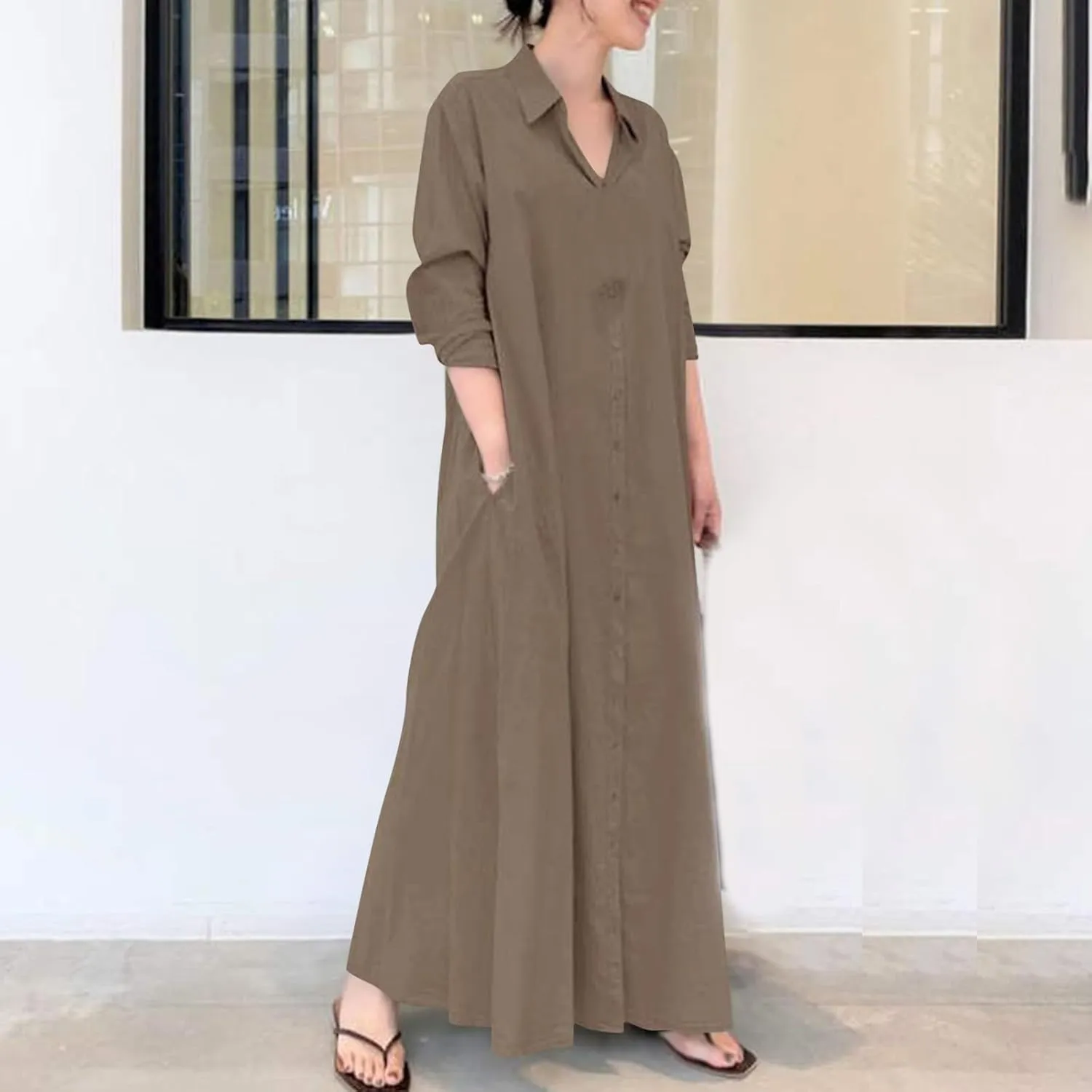 Women's Maxi Dress Fall Casual 2024 V-Neck Button Down a Line Lapels Shirt Dress Pleated Plus Size Flowy Long Dresses