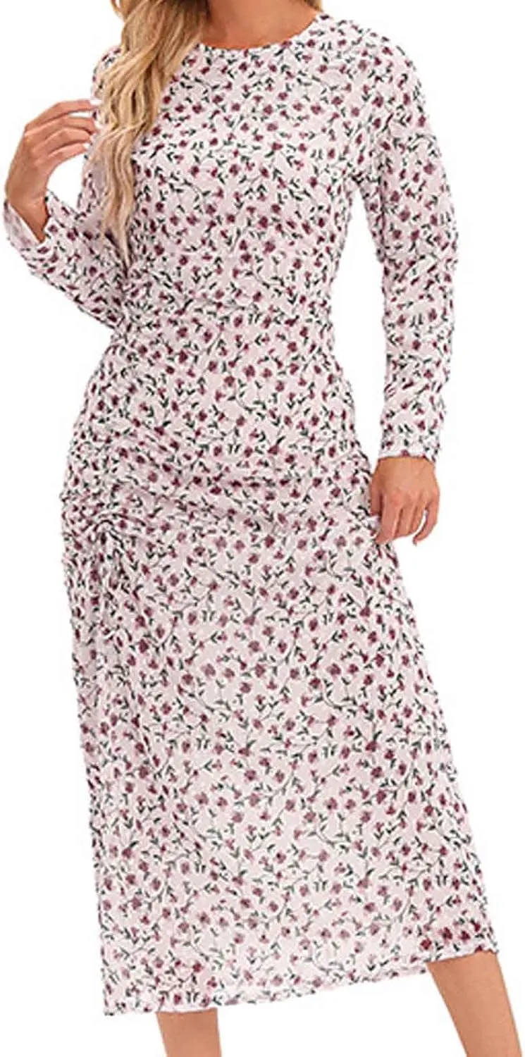 Women's Midi Dresses Casual 2024 Flower Print Pleated Long Sleeve Dress Outdoor Fall Wedding Guest Long Bodycon Dress