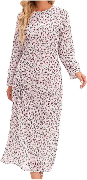 Women's Midi Dresses Casual 2024 Flower Print Pleated Long Sleeve Dress Outdoor Fall Wedding Guest Long Bodycon Dress