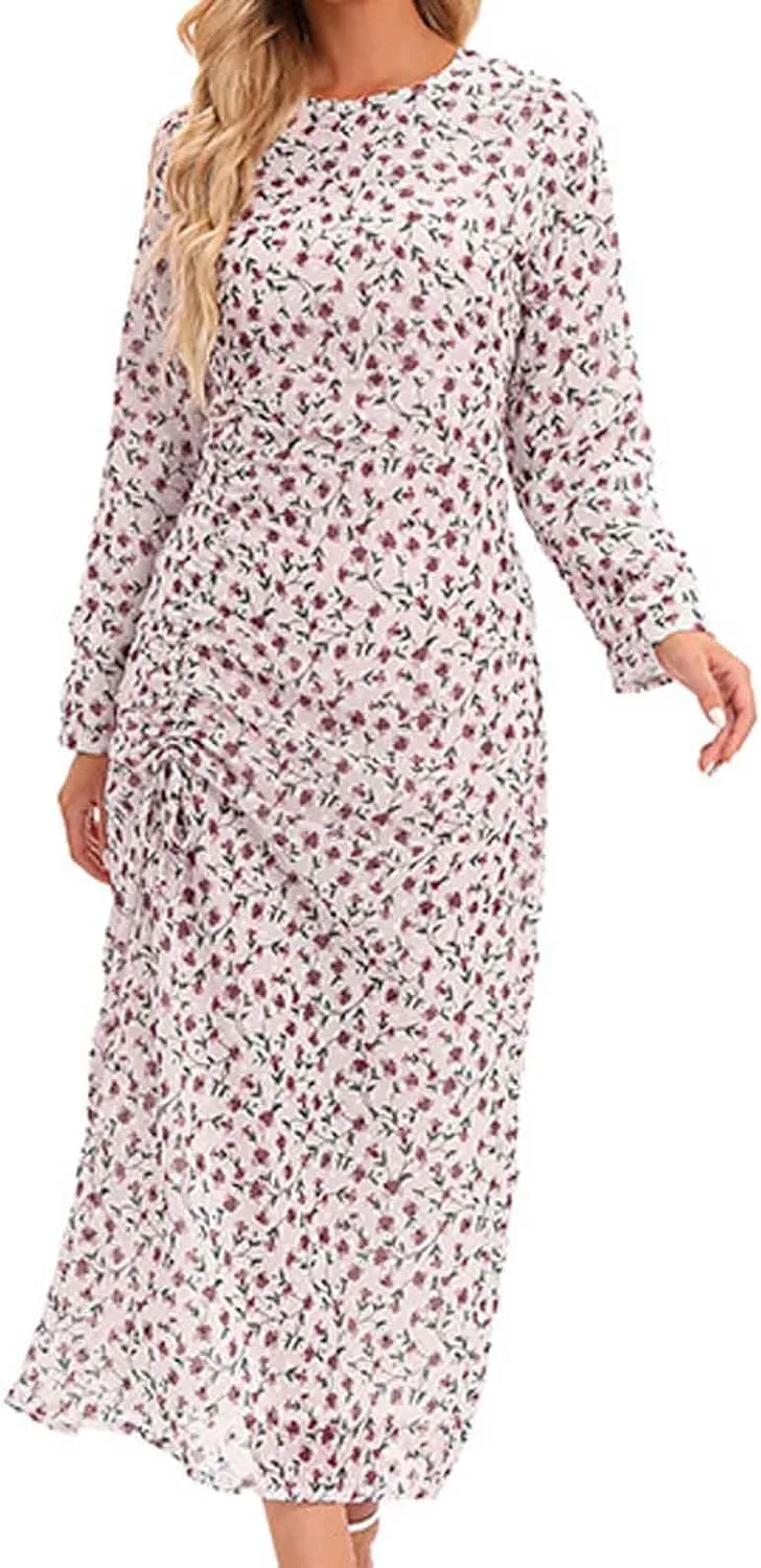 Women's Midi Dresses Casual 2024 Flower Print Pleated Long Sleeve Dress Outdoor Fall Wedding Guest Long Bodycon Dress