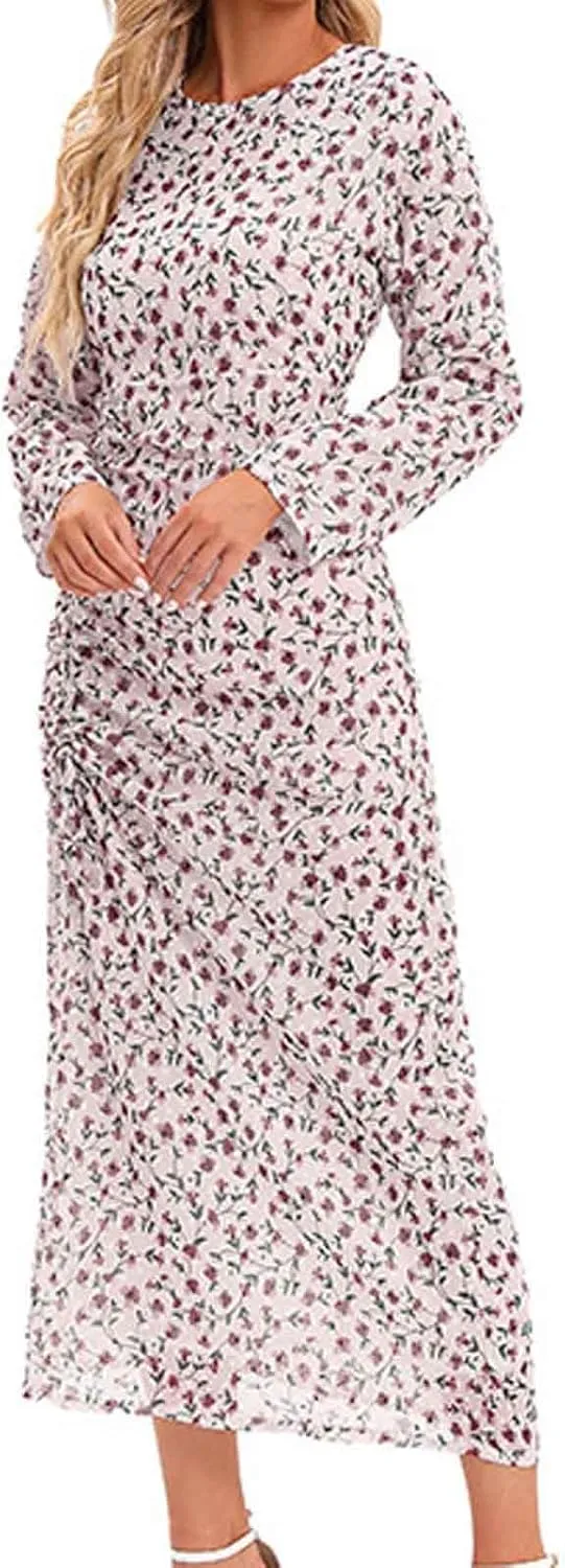 Women's Midi Dresses Casual 2024 Flower Print Pleated Long Sleeve Dress Outdoor Fall Wedding Guest Long Bodycon Dress