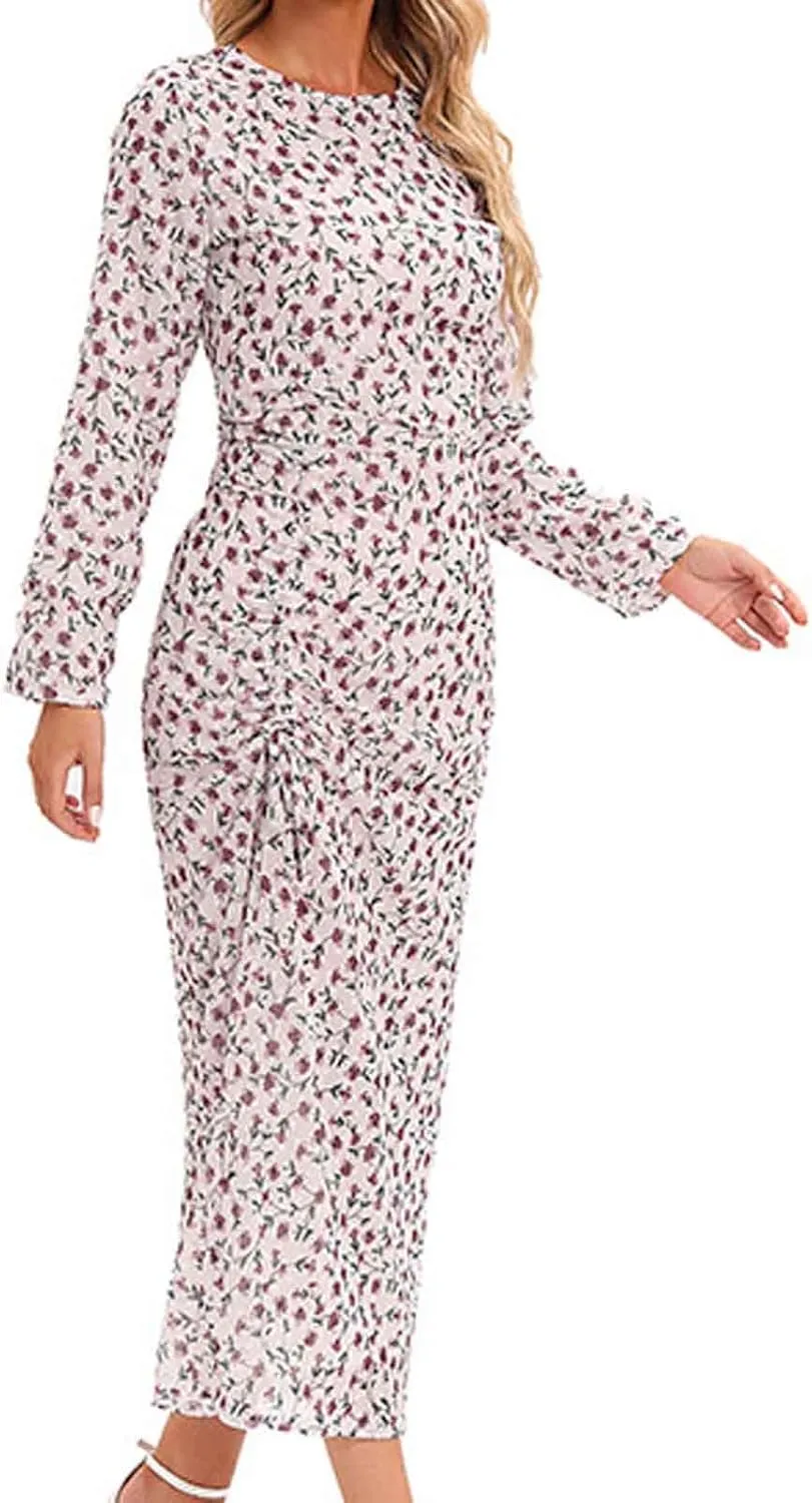 Women's Midi Dresses Casual 2024 Flower Print Pleated Long Sleeve Dress Outdoor Fall Wedding Guest Long Bodycon Dress