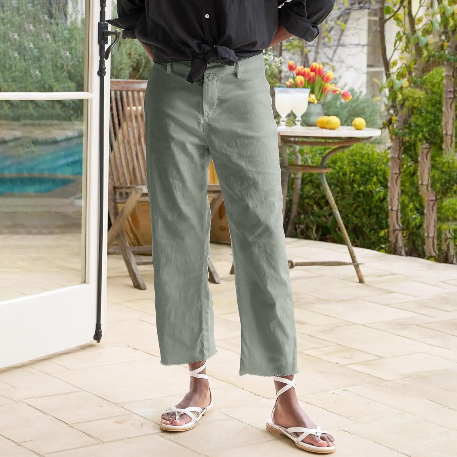 Women's Pants Suit Button Loose Cargo Womens Capris Summer Petite Short Capri Pants for Women Stretch Linen Cotton