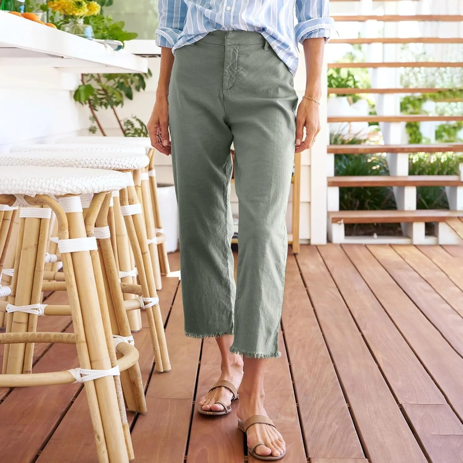 Women's Pants Suit Button Loose Cargo Womens Capris Summer Petite Short Capri Pants for Women Stretch Linen Cotton