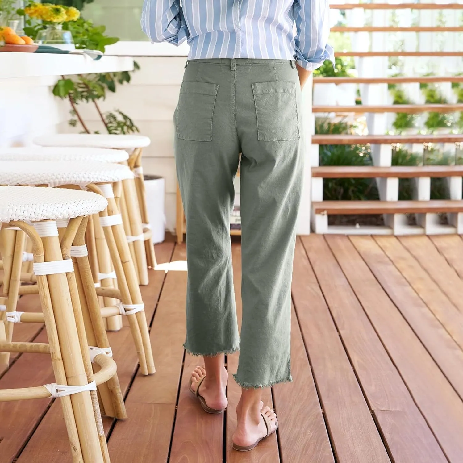 Women's Pants Suit Button Loose Cargo Womens Capris Summer Petite Short Capri Pants for Women Stretch Linen Cotton