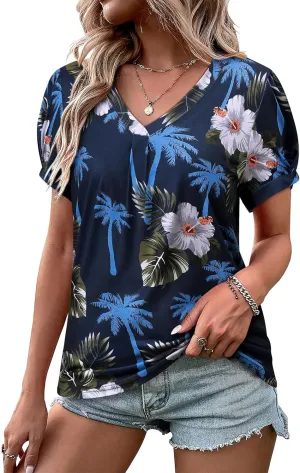 Womens Puff Short Sleeve Hawaiian Shirts Floral Tropic Printed Pleated V Neck Summer Casual T-Shirt Trendy Boho Blouses Tops
