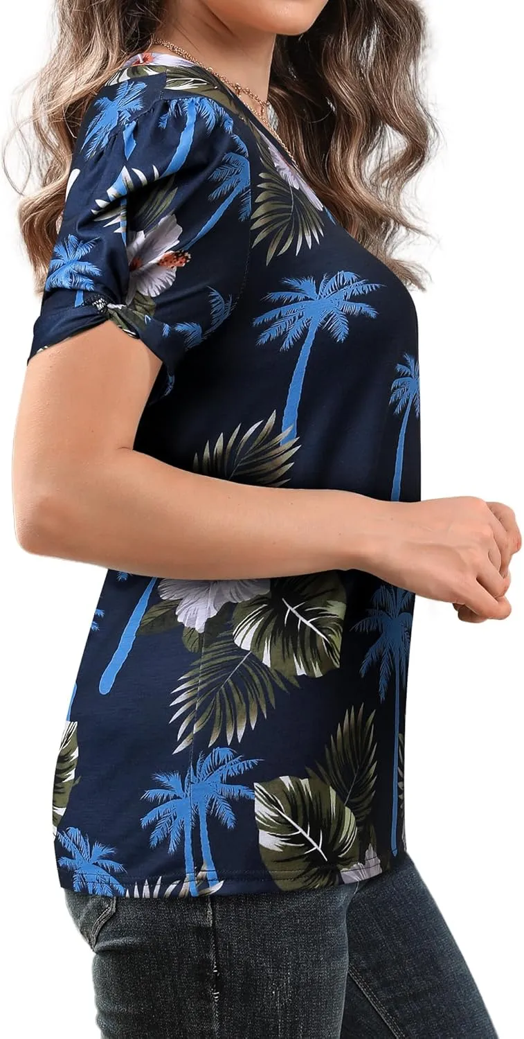 Womens Puff Short Sleeve Hawaiian Shirts Floral Tropic Printed Pleated V Neck Summer Casual T-Shirt Trendy Boho Blouses Tops