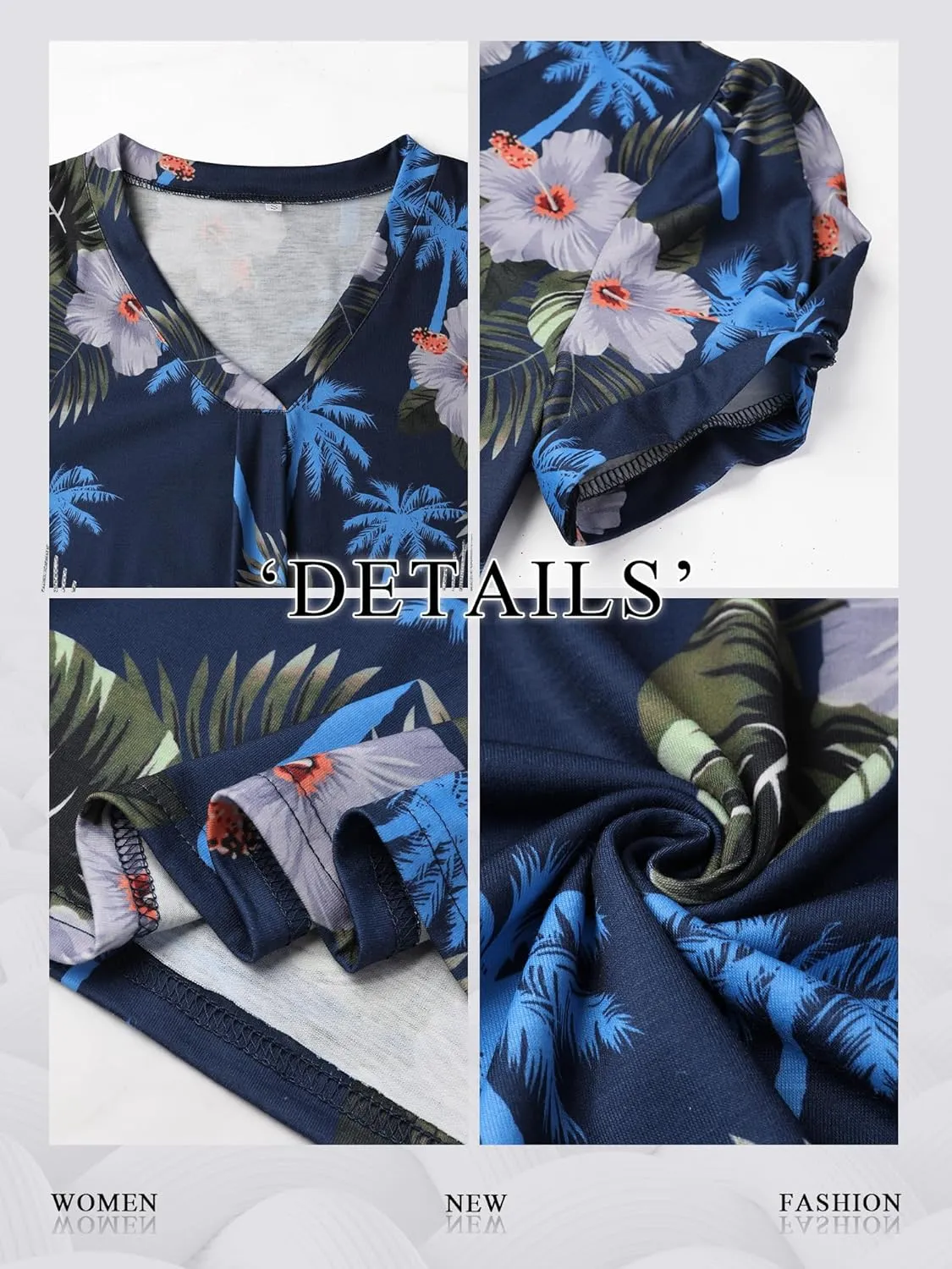 Womens Puff Short Sleeve Hawaiian Shirts Floral Tropic Printed Pleated V Neck Summer Casual T-Shirt Trendy Boho Blouses Tops