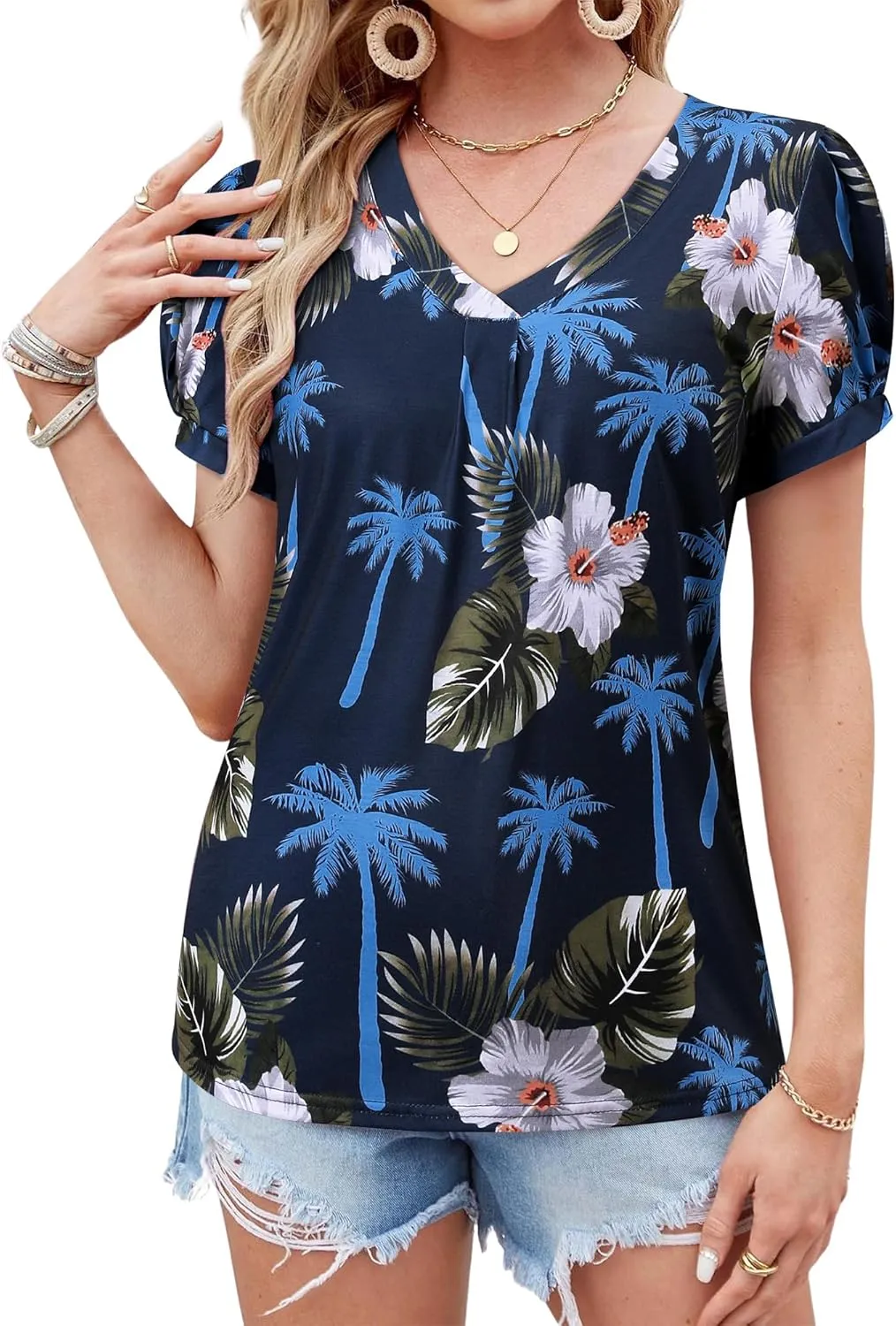 Womens Puff Short Sleeve Hawaiian Shirts Floral Tropic Printed Pleated V Neck Summer Casual T-Shirt Trendy Boho Blouses Tops