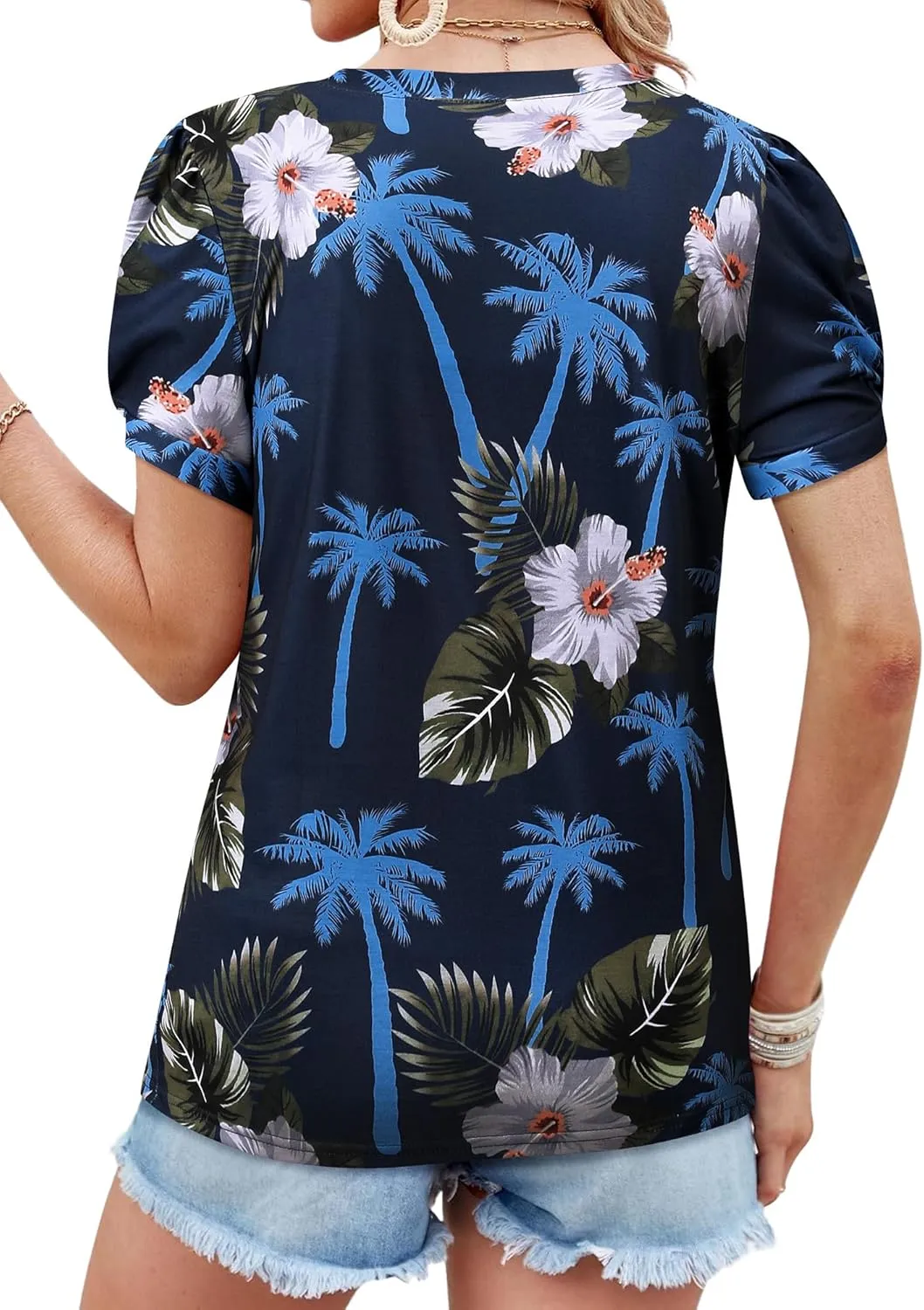 Womens Puff Short Sleeve Hawaiian Shirts Floral Tropic Printed Pleated V Neck Summer Casual T-Shirt Trendy Boho Blouses Tops