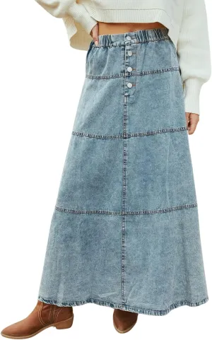 Women's Retro Elastic High Waist A-Line Denim Skirt Pleated Tiered Slim Maxi Jean Skirt